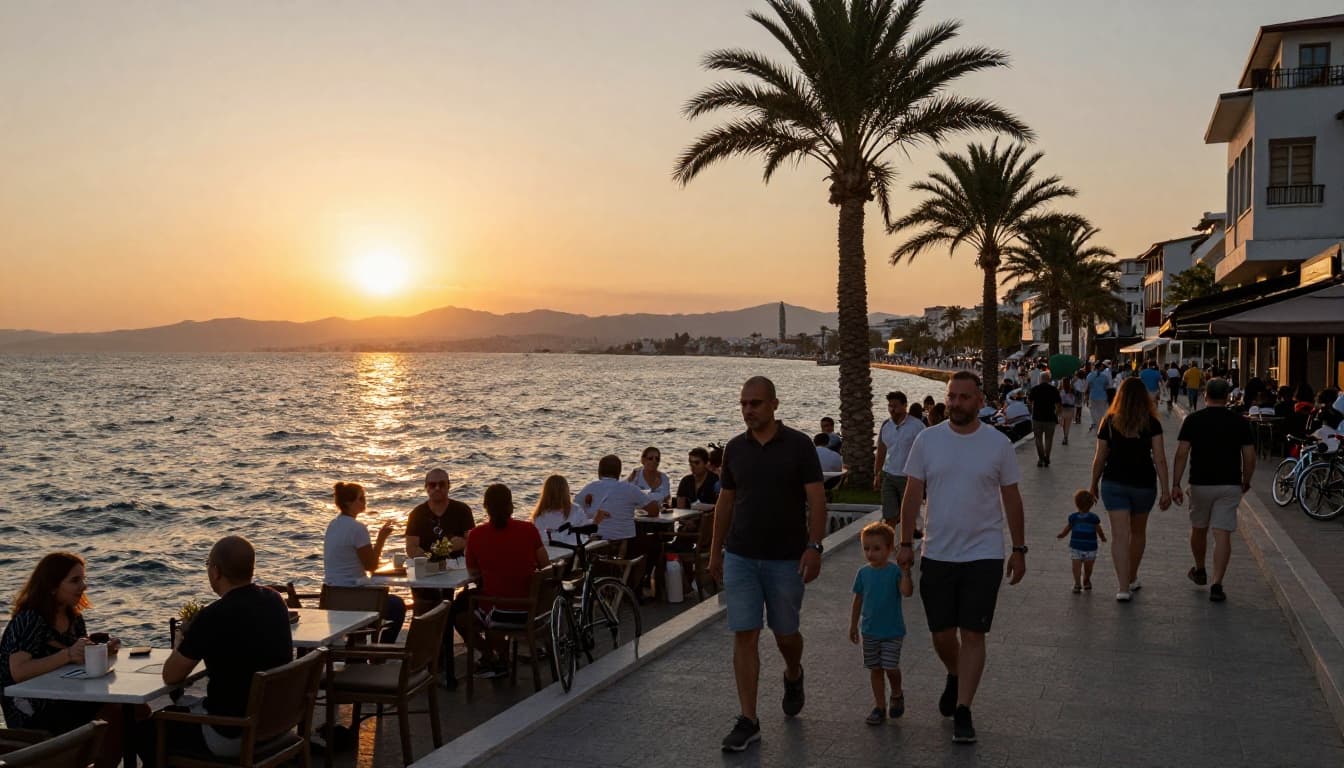 Busy seafront promenade in Izmir, Turkey, known as Kordon, with people strolling along the waterfront, outdoor cafes, sparkling Aegean Sea in the background at golden hour sunset, palm trees, lively family atmosphere mixing locals and tourists.