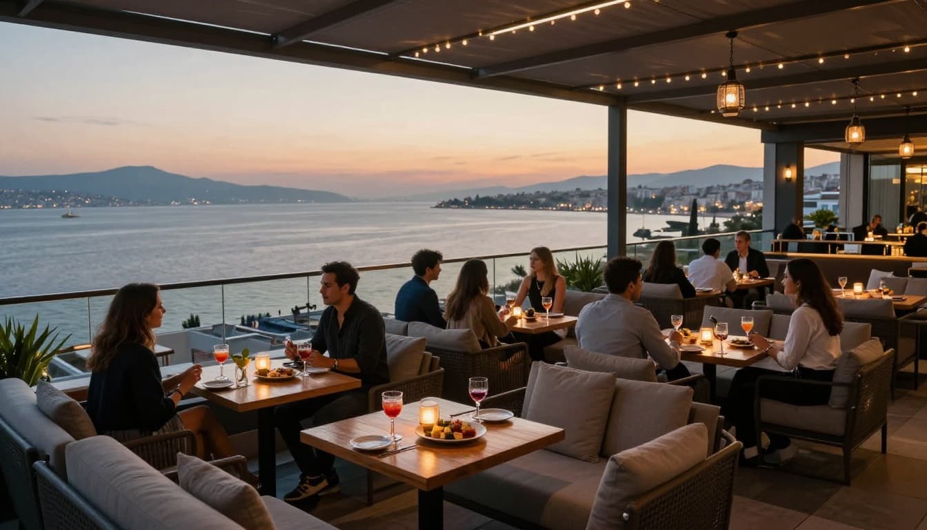 Elegant rooftop bar at a luxury hotel in Izmir, Turkey, during sunset featuring panoramic views of the Aegean Sea and city skyline, stylish lounge chairs, cocktails, appetizers, ambient lighting, and sophisticated guests.