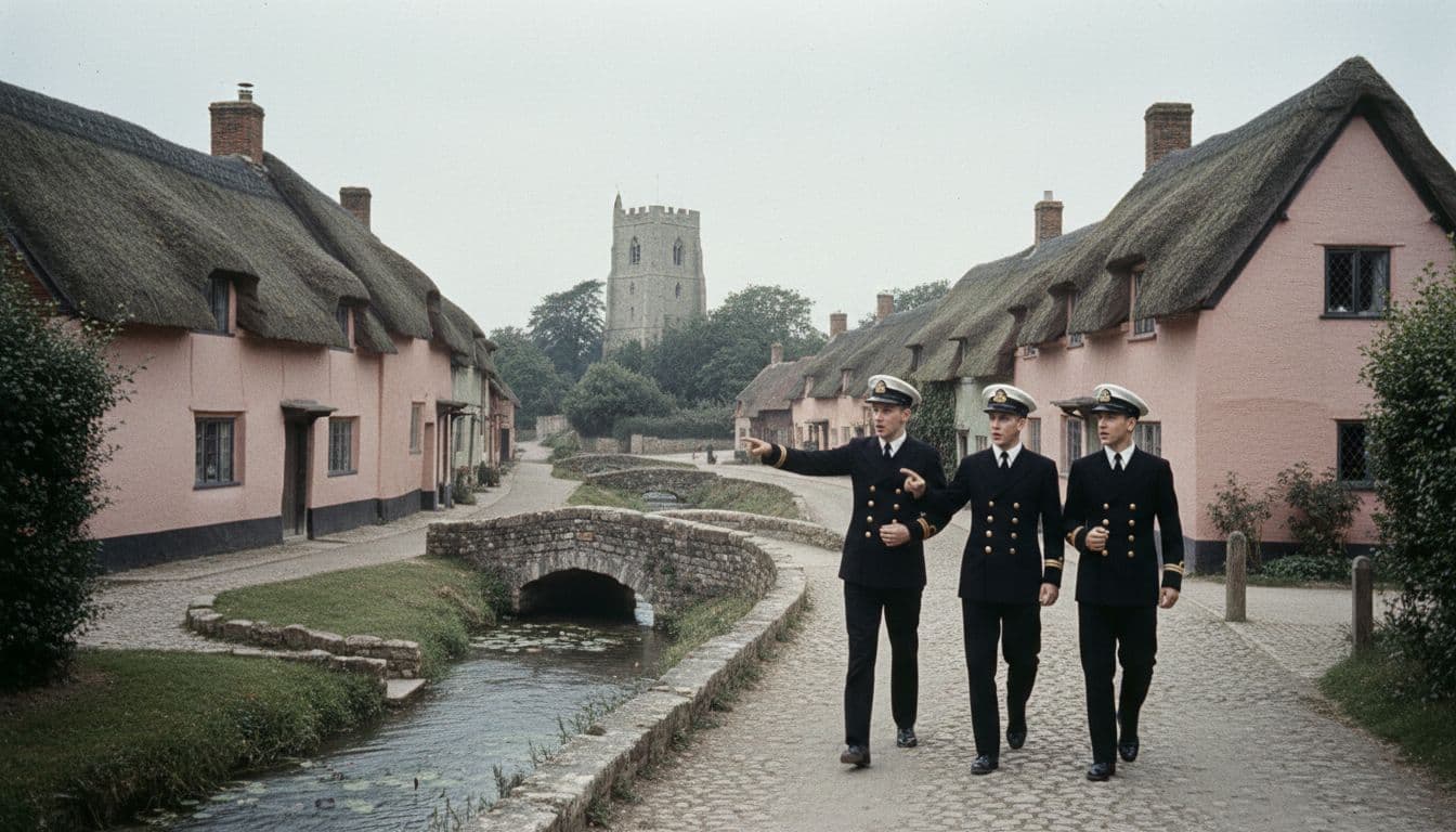 Quaint medieval village street in Kersey, Suffolk, England, featuring pink-washed thatched cottages along a winding road, stone bridges over a stream, and a distant church tower under an overcast sky. Three young men in 1950s Royal Navy cadet uniforms walk in the foreground, looking surprised, in a realistic 1950s photograph style with soft light and detailed textures.