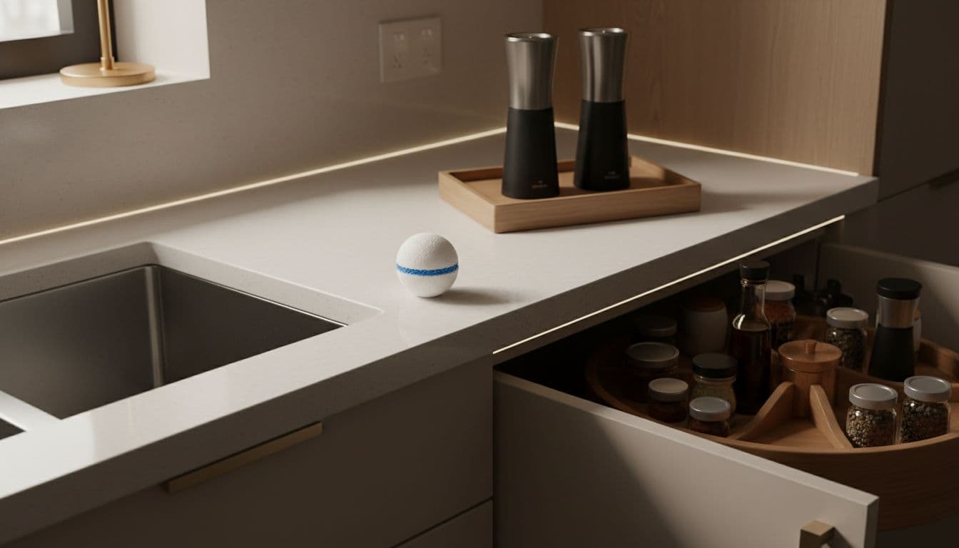 Close-up kitchen counter scene with garbage disposer cleaner pod by sink, partially visible lazy Susan organizer in open cabinet, electric salt and pepper grinders on wooden tray; soft warm tones, cinematic dramatic lighting.