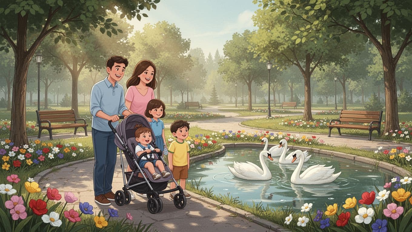 Illustration of one family—parents with toddler in stroller and older child—at Kuğulu Park in Ankara, watching white swans in a flower-surrounded pond. Calm peaceful mood with soft morning sunlight, happy expressions, detailed landscape view.