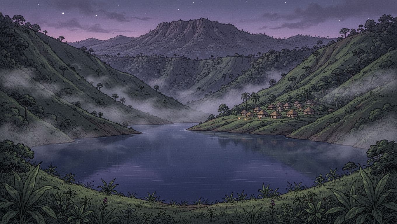 Detailed illustration of Lake Nyos in Cameroon, a volcanic crater lake with calm deep blue waters surrounded by steep green valleys and mist at nightfall. Features a small cluster of huts in a nearby village, soft purple-blue twilight lighting, foreground vegetation, and distant forested mountains for a serene yet ominous mood.