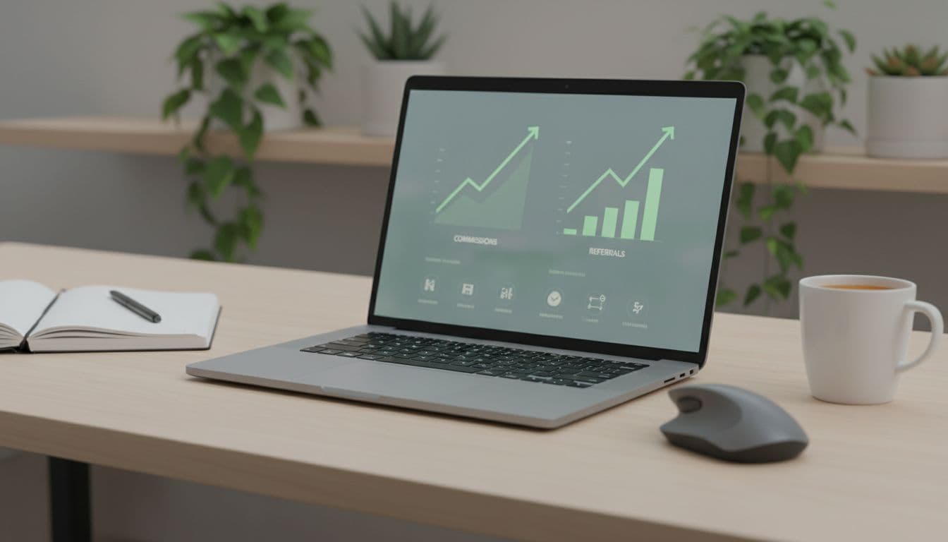 Landscape view of a laptop at a slight angle on a modern desk, screen showing blurred upward-trending graphs for commissions and referrals, with coffee cup, mouse, plants, and notebook nearby in soft office lighting.