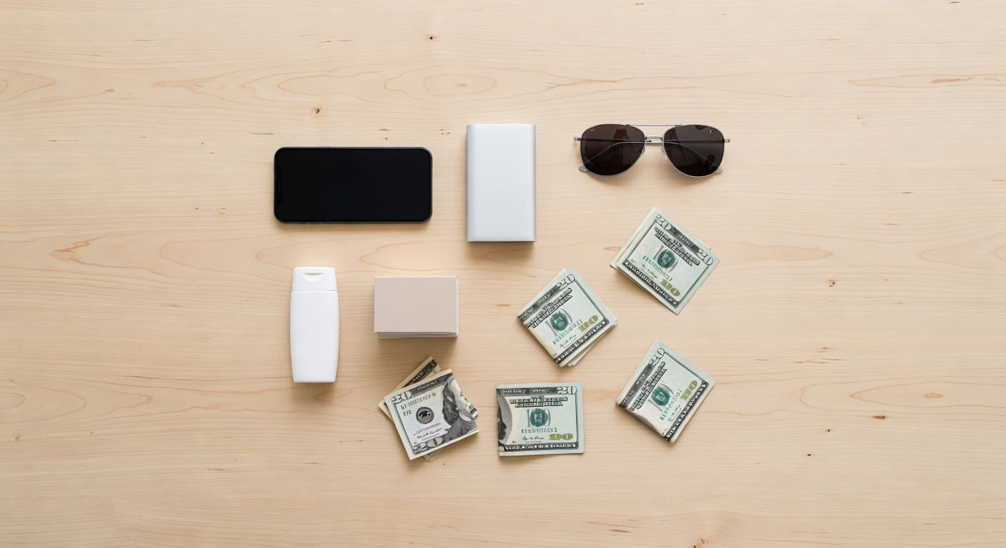 A top-down view displays travel gear including a smartphone, portable power bank, dark sunglasses, sunscreen, adhesive bandages, and paper cash. These items are neatly arranged on a clean, well-lit surface.