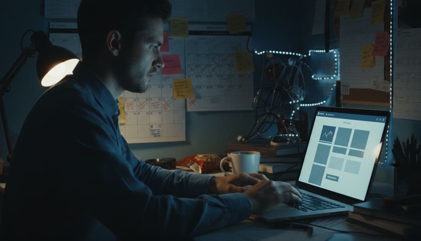A focused person types on a laptop displaying a simple website builder interface in a dimly lit room, surrounded by coffee, sticky notes, and a task-filled calendar, capturing a moody atmosphere of determination.