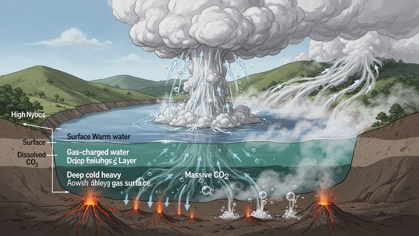 Illustration style cross-section diagram of a limnic eruption at a volcanic crater lake like Lake Nyos, showing deep CO2-saturated water overturning, massive gas cloud release, and flow downhill along valleys.