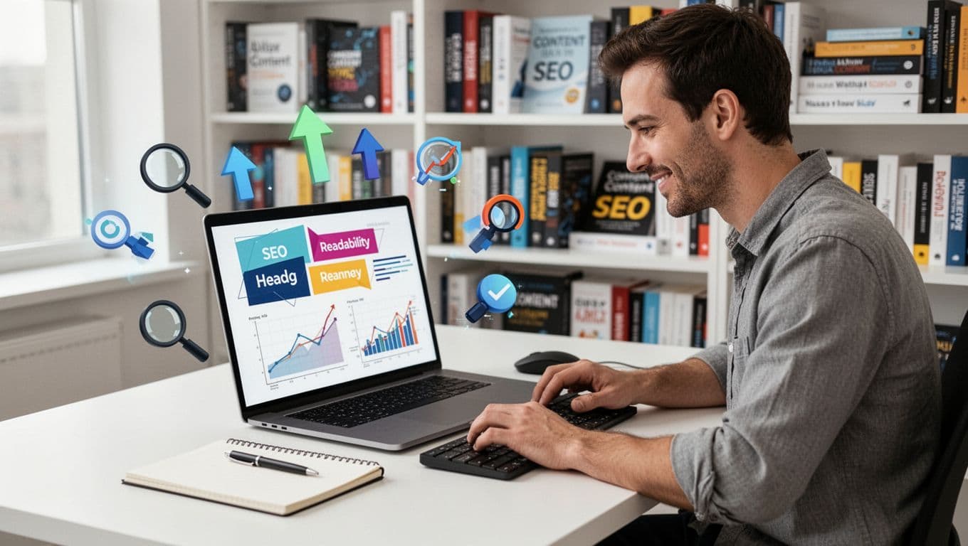 Illustration of a male marketer sitting at a clean desk, focused on a laptop screen showing abstract structured content with readability graphs and SEO icons like arrows and magnifying glasses.