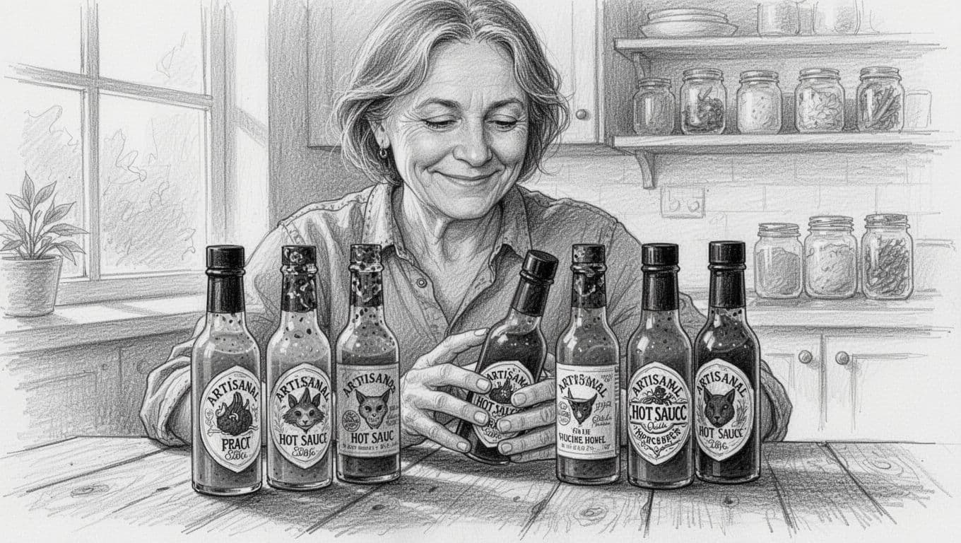 A detailed black and white pencil sketch of a middle-aged foodie with a gentle smile carefully reading labels on artisanal hot sauce bottles arranged on a wooden table in a cozy kitchen. The foreground shows relaxed hands holding one bottle, with soft shelves of jars in the background under natural window lighting.