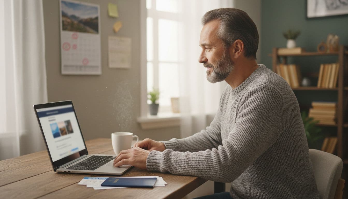Traveler reviewing passport and tickets at a desk