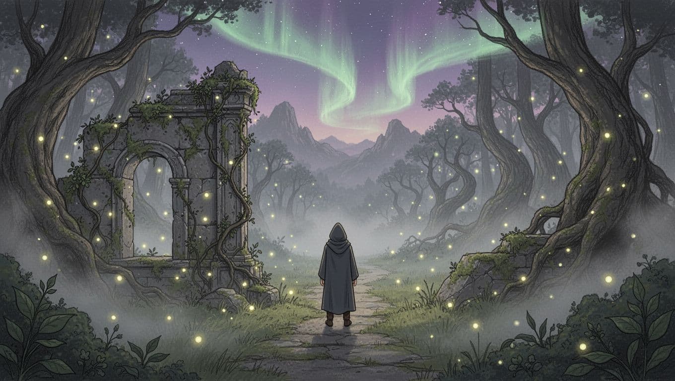 Whimsical hand-drawn illustration featuring a lone hooded figure standing on a narrow path from moss-covered ancient ruins into a dense foggy forest with twisted trees and fireflies, under a twilight sky with subtle aurora lights.