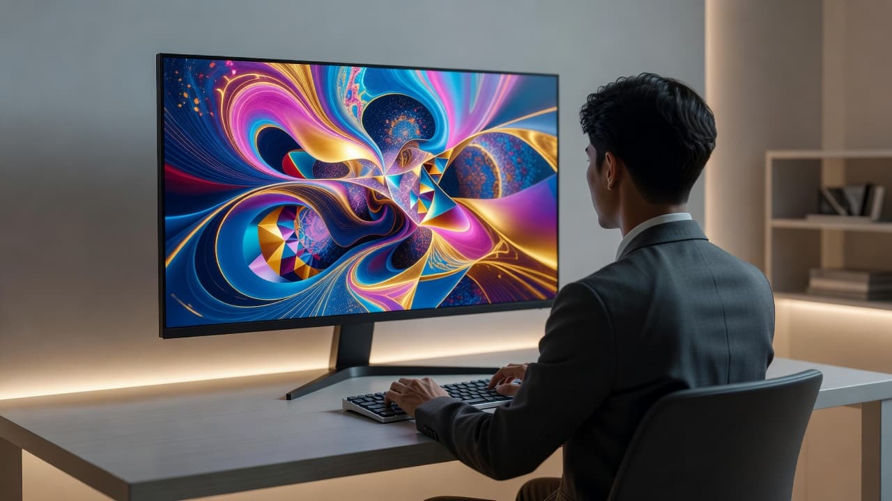 A creator sits at a desk facing a large monitor displaying vibrant abstract art. The minimalist setup includes a sleek mechanical keyboard and warm ambient lighting within a professional home studio.