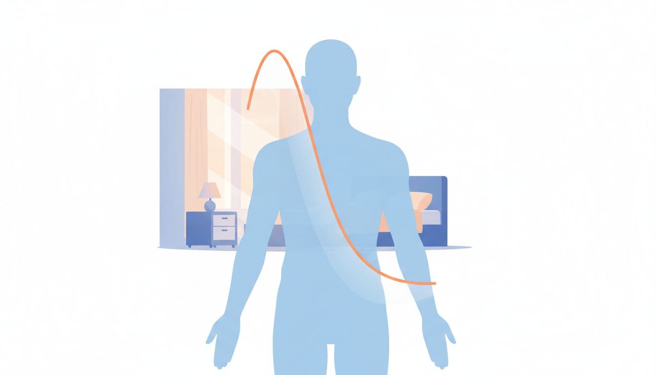 Smooth wave graph on body silhouette in dawn bedroom shows cortisol peaking after waking then dropping.