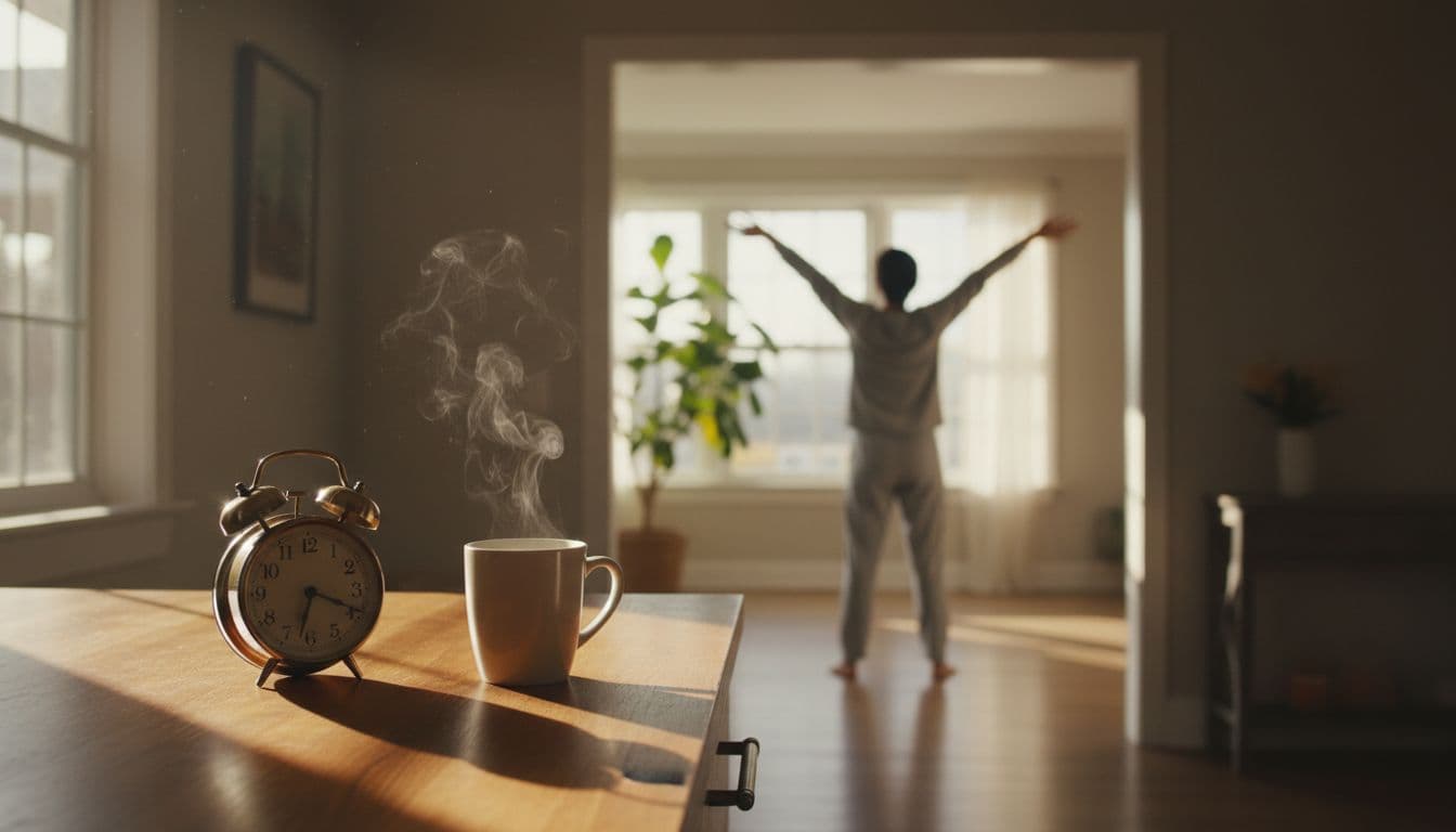 Cozy 7am kitchen with untouched steaming coffee mug and alarm clock; person in pajamas stretches relaxed in living room through doorway.
