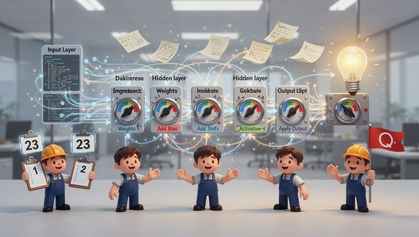 Vibrant illustration of a neural network visualized as a team of six tiny cartoon workers passing information through input, hidden, and output layers.