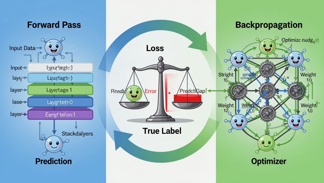 Illustration depicting the neural network training loop: forward pass through layers to prediction, loss calculation with balance scale showing error, and backpropagation with weight adjustments, connected in a cycle with smiling neurons.