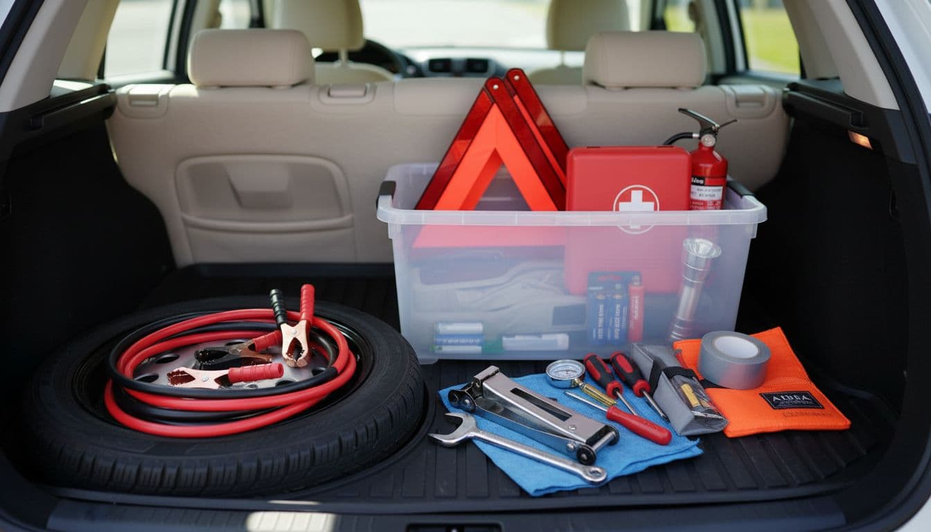 A realistic photograph of an open car trunk filled with a well-organized car emergency kit, including jumper cables, spare tire, tools, first-aid kit, fire extinguisher, and flashlight, neatly packed in a sturdy plastic bin under natural daylight.