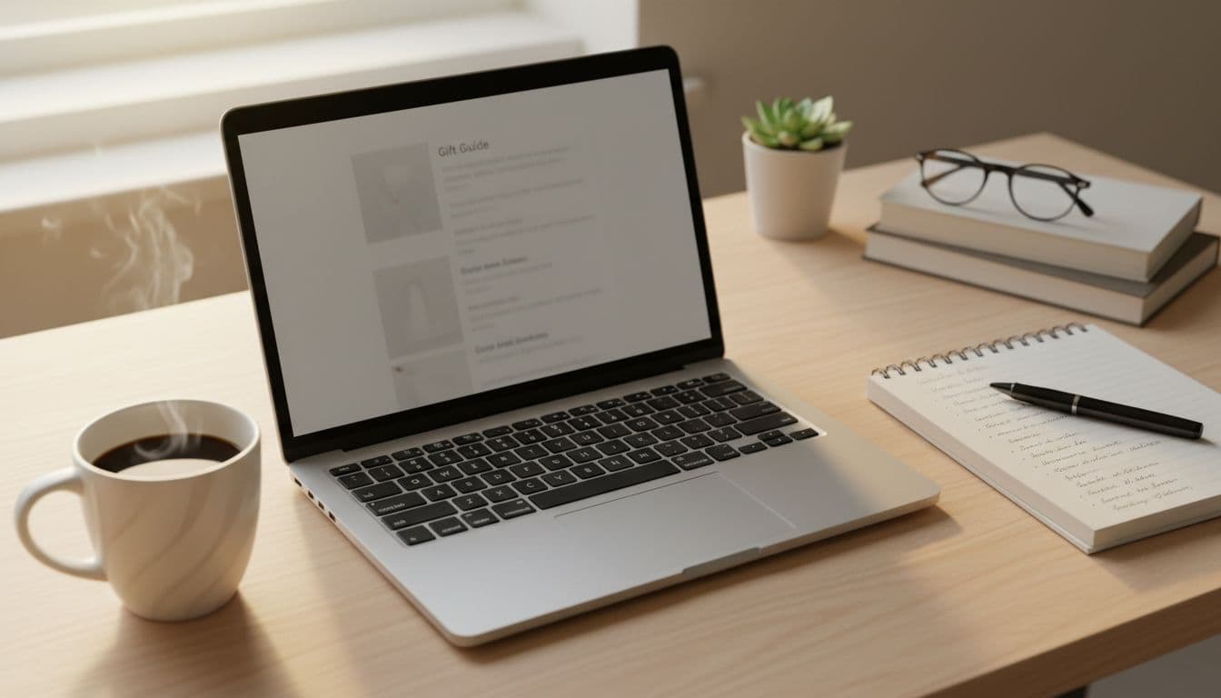 Top-view of an organized desk with open laptop faintly showing article headings, notebook with bullet points, pen, and coffee mug, evoking content upgrade and editing.