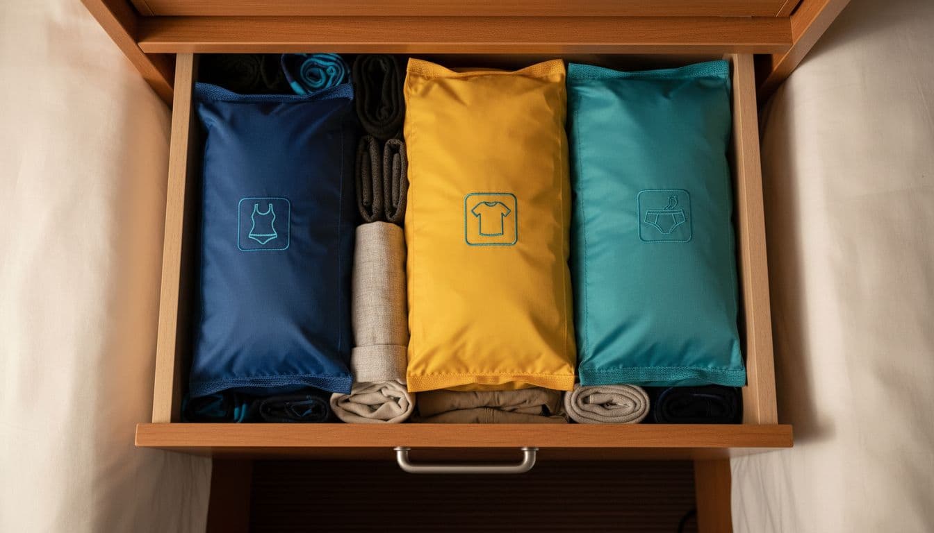 Three colorful compression packing cubes with rolled clothes sorted by category fill a small cruise ship cabin drawer.