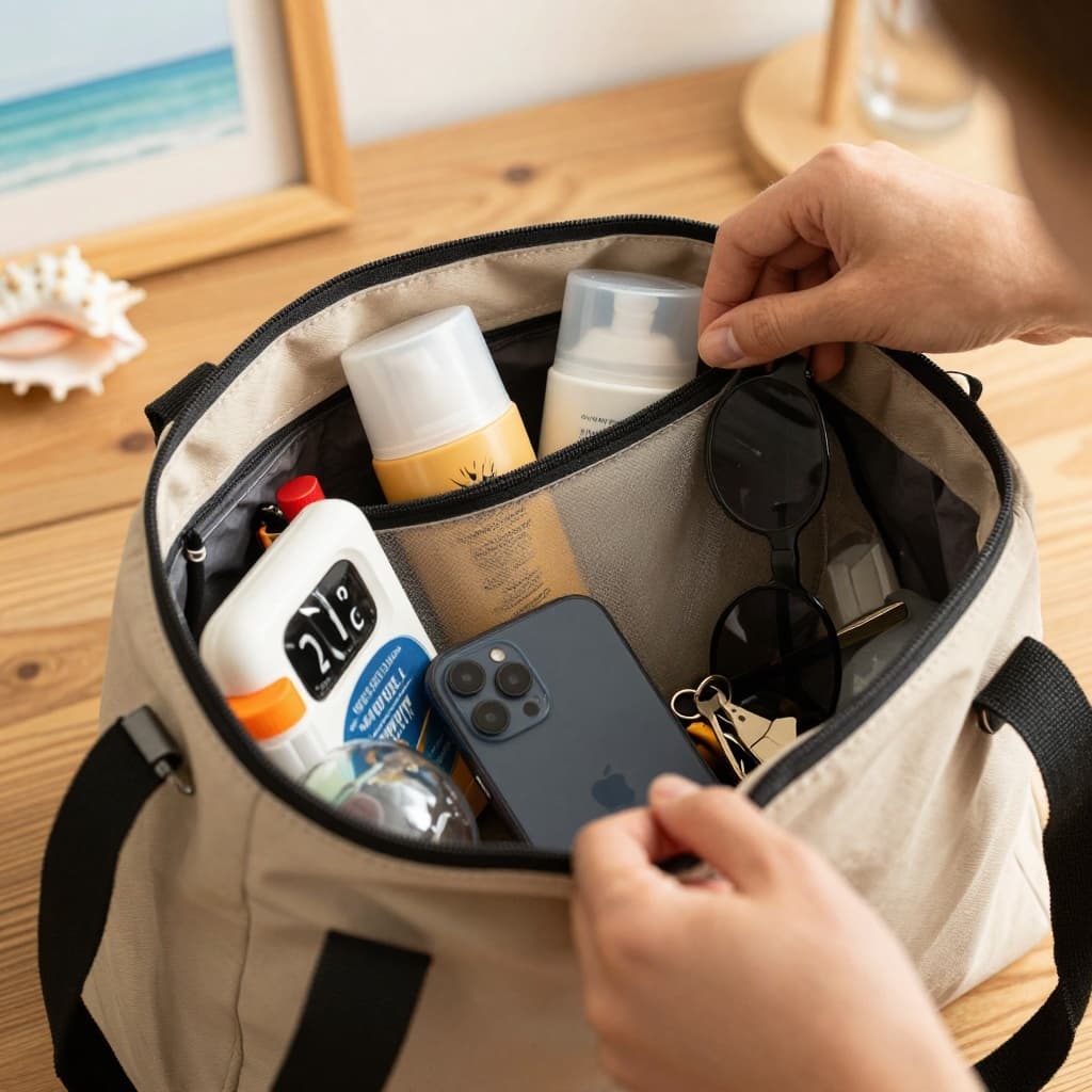 Hands organizing sunscreen, sunglasses, phone case, keys, and water bottle into a small pouch inside a larger beach bag on a wooden table, with seashell decor and ocean view in the background.