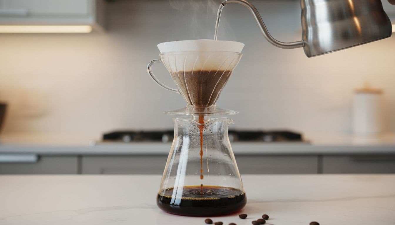 Hot coffee drips from paper filter into glass carafe on kitchen counter.
