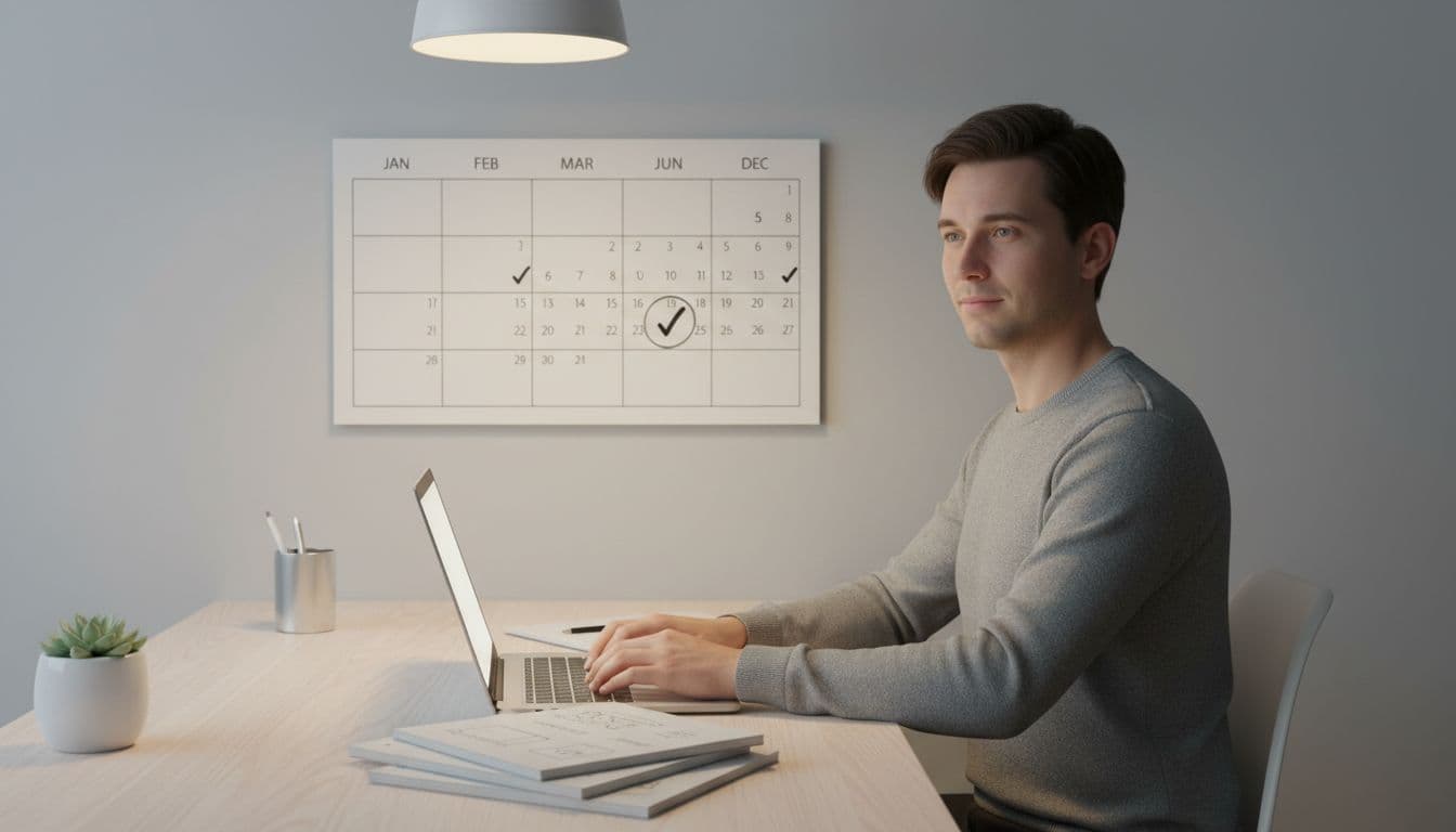 A focused person types on a laptop at a minimalist home office desk with stacked notebooks, a wall calendar marking months of consistent posting days with checkmarks leading to one highlighted day.