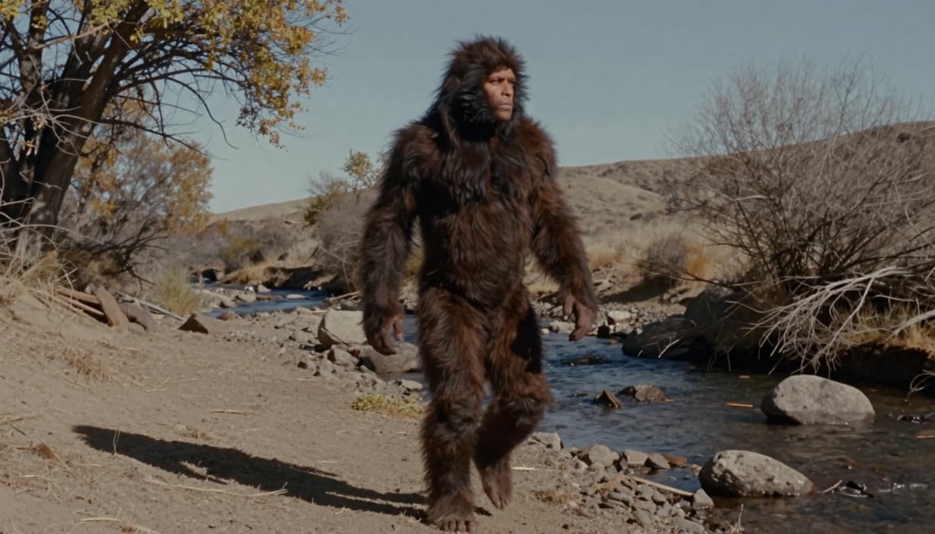 Photorealistic landscape of a tall, muscular, dark brown hairy female Bigfoot striding away across a dry rocky creek bed in northern California wilderness, glancing back over her shoulder with a calm face partially obscured by fur.