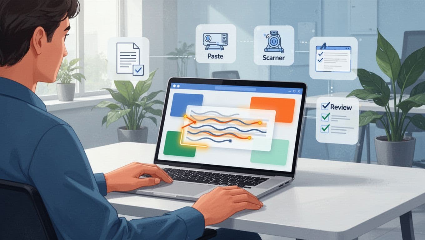 Vibrant flat design illustration of one person seated at a modern desk with laptop showing abstract flagged sentences in an AI detector tool, surrounded by floating icons for paste, scan, and review steps in a soft office background.