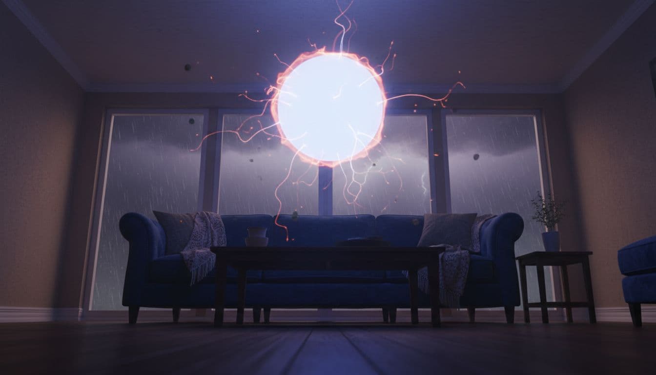 Scientifically accurate photorealistic illustration of a luminous ball lightning orb floating in a dimly lit living room during a thunderstorm, casting realistic light and shadows.
