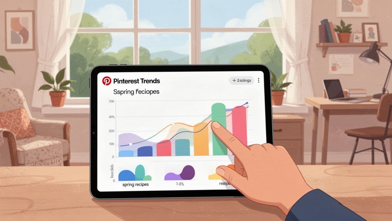 Flat design illustration of Pinterest Trends tool on a tablet showing rising trend graphs for searches like spring recipes, with a finger pointing at the screen, set in a cozy home office with daylight view.