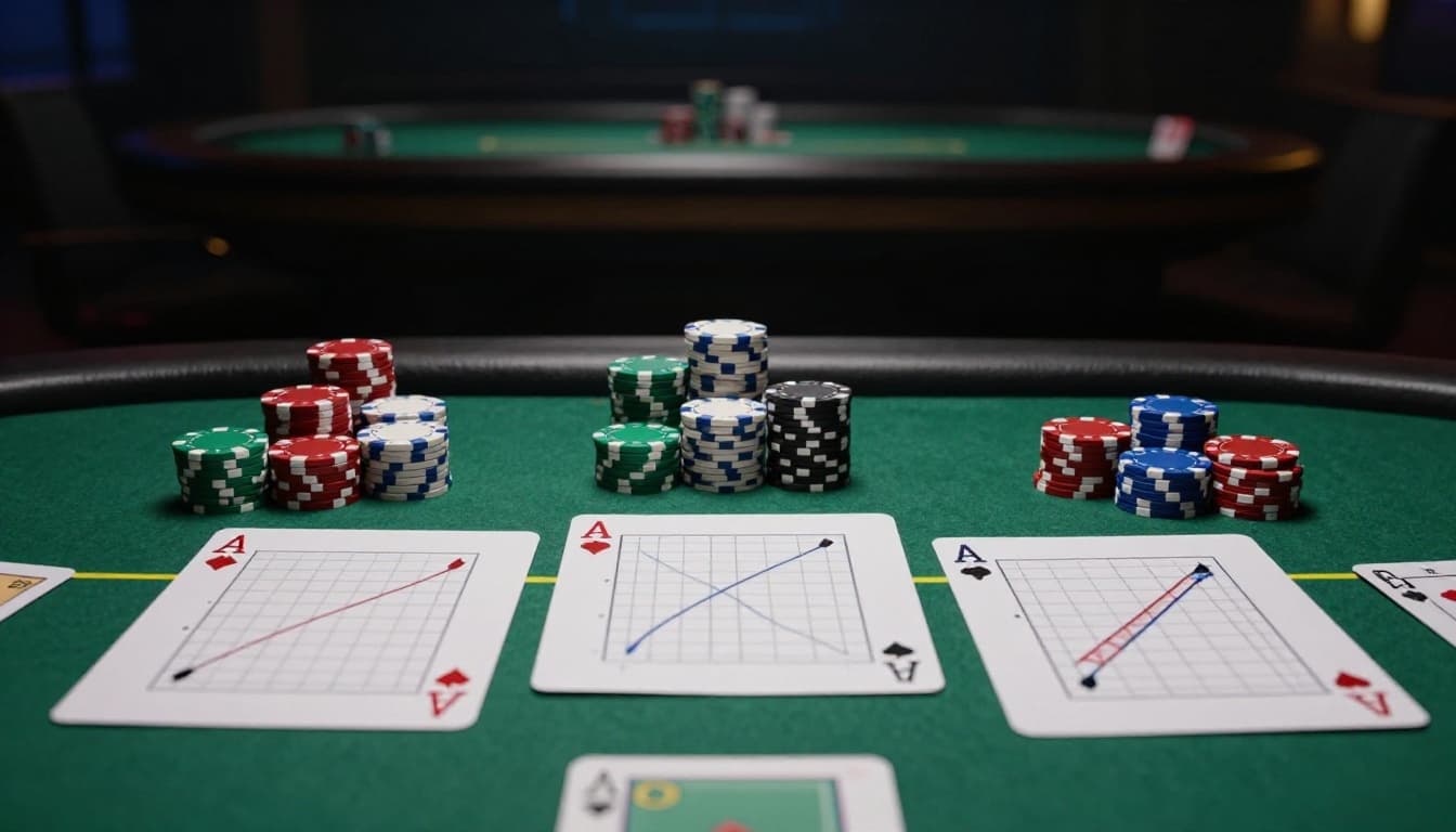 Dimly lit casino poker table with chip stacks representing bankroll strategies and sketched graphs for flat betting, percentage curve, and adjusted Kelly growth.