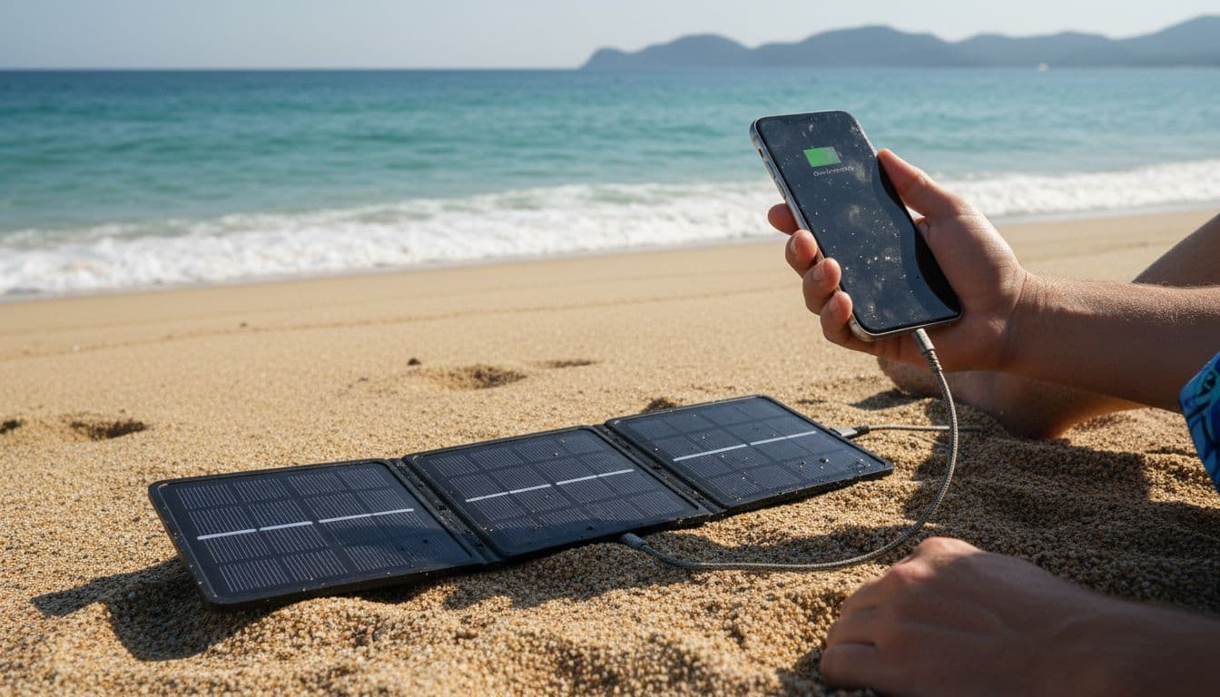 Photorealistic image of a portable solar charger powering a smartphone on a sunny beach. Sand, ocean waves in the background, person in swimsuit holding the phone with detailed textures and natural lighting.