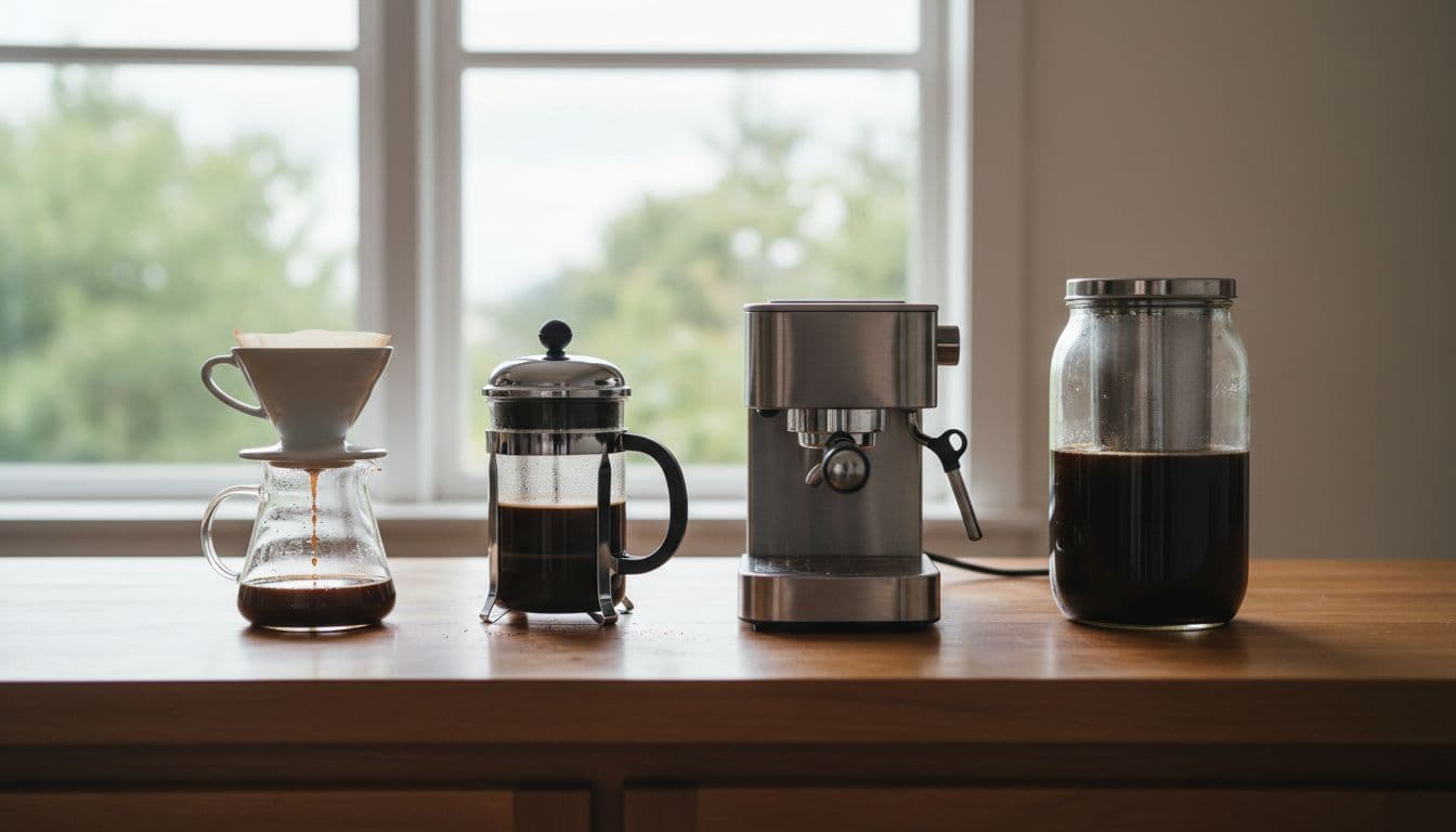 Pour-over cone dripping coffee, French press with grounds, espresso machine, and cold brew jar lined up on wooden kitchen counter in morning light.