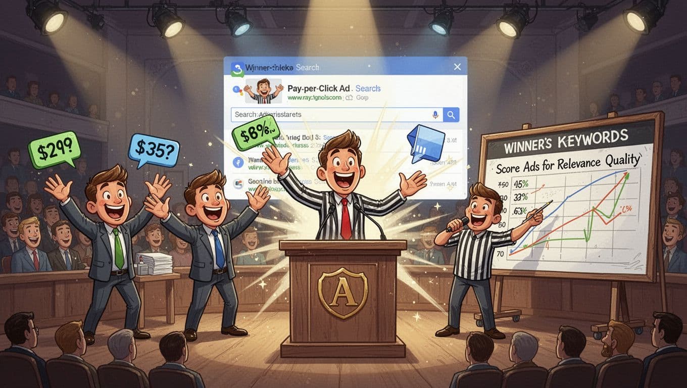 Three advertisers bid enthusiastically on keywords at an auction podium, with a referee scoring ads for relevance and quality on a board, and the winner's ad at the top of search results in the background. Vibrant cartoon style in a bustling indoor auction hall with spotlights.