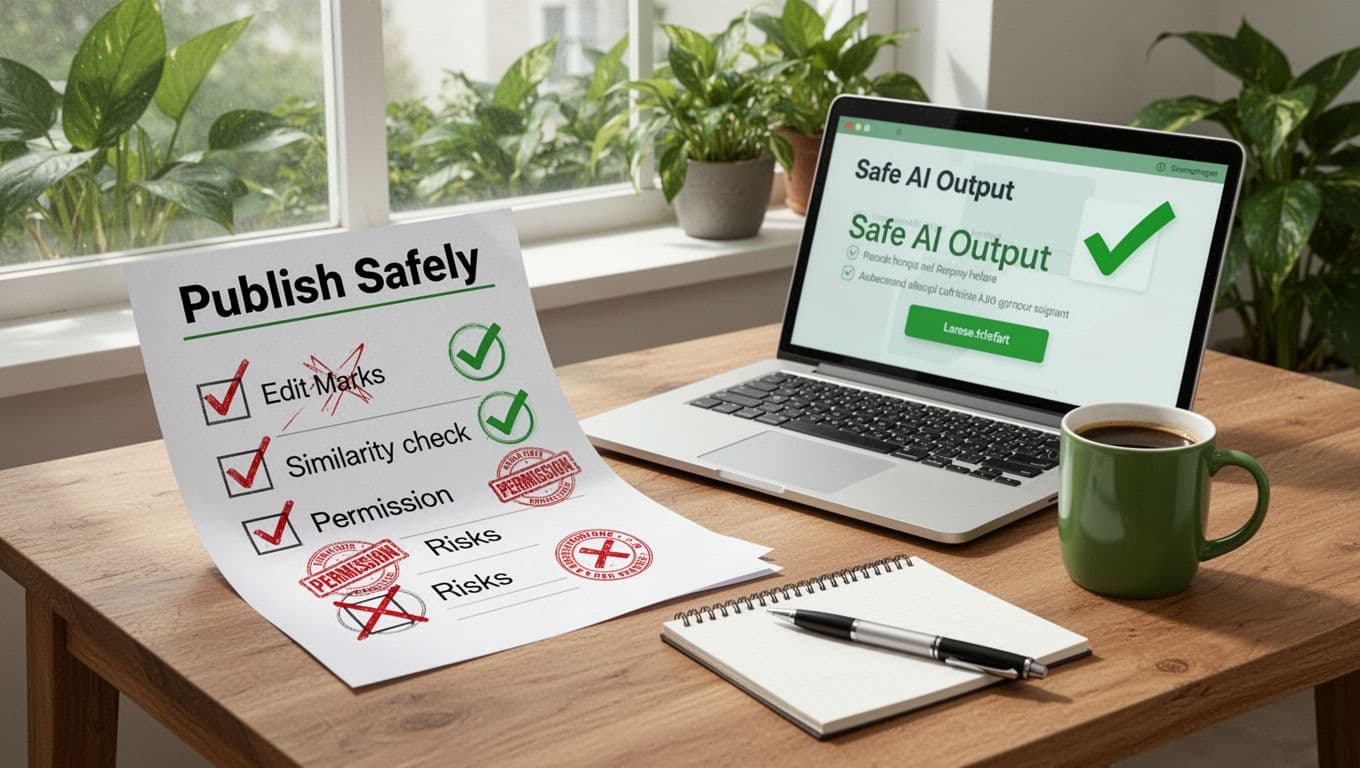 Detailed modern vector illustration of a wooden desk featuring a 'Publish Safely' checklist with edit marks, similarity checks, and crossed-out risks, alongside a laptop showing safe AI output with green checkmarks, a single coffee mug, pen, notepad, and a background window with green plants in bright daylight.