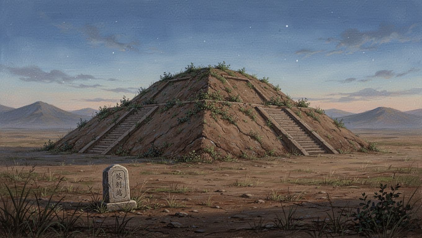 An illustration-style depiction of the ancient pyramid-shaped mausoleum mound of Qin Shi Huang near Xi'an, China, in a vast flat landscape under a clear blue sky at dusk, featuring subtle earthy tones, sparse foreground grass, a single historical marker stone, distant mountains, and a serene, mysterious mood with soft lighting and long shadows.