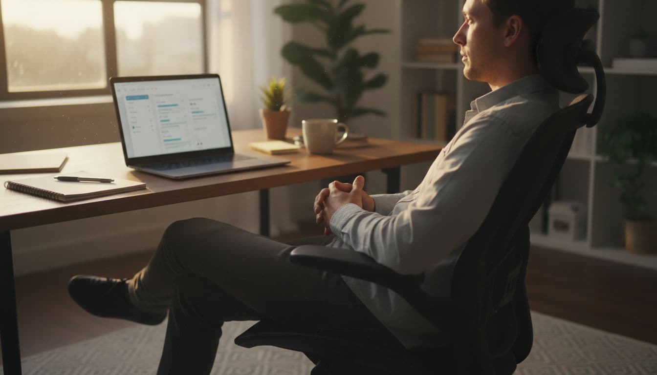A person sits relaxed in a home office viewing a laptop displaying a blurred training dashboard with certification courses, coffee and notes on the desk, warm afternoon light through the window.