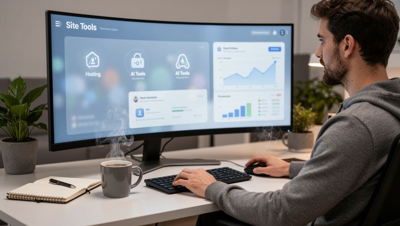Photorealistic landscape image of one marketer seated comfortably before a large curved monitor displaying a blurred dashboard with hosting, AI tools, and charts. Modern desk features notebook, plant, steaming coffee mug, and soft lighting for a relaxed productive vibe with detailed textures.