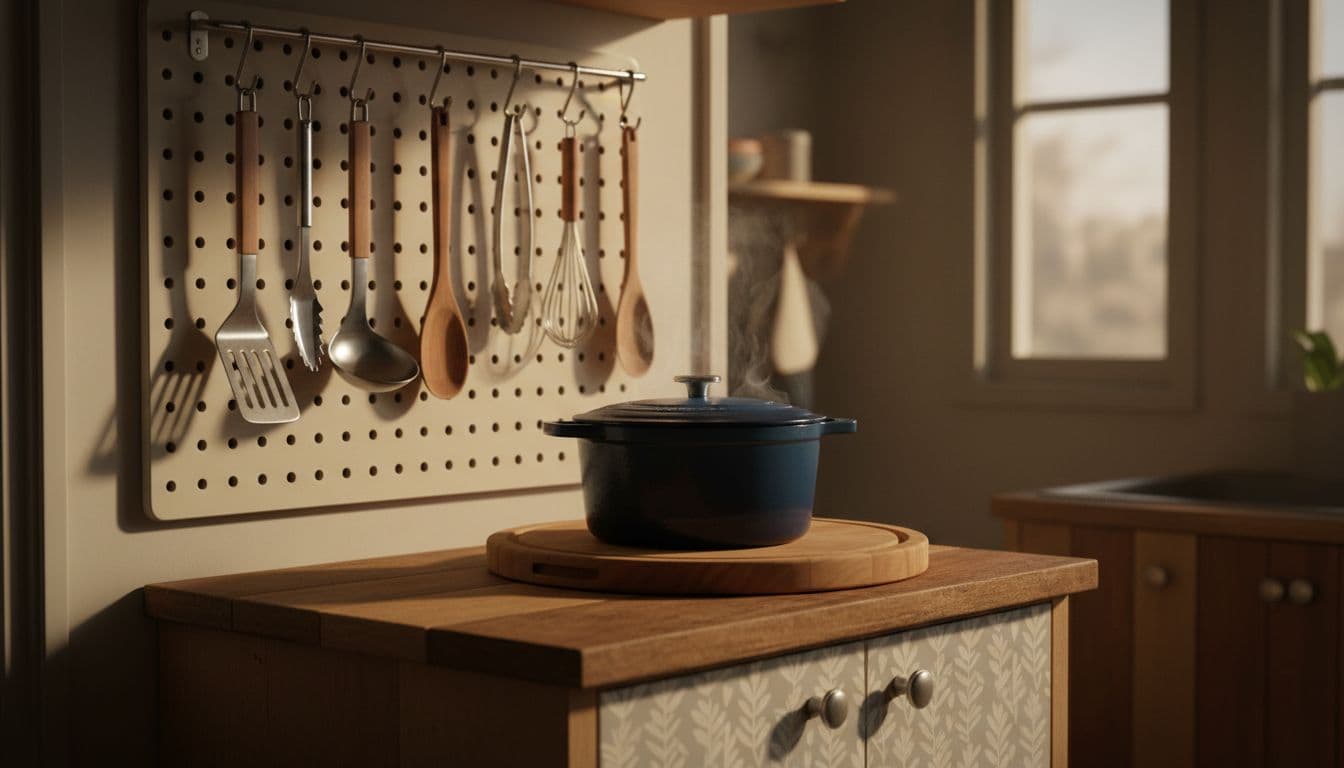 Cozy small kitchen nook with pegboard wall holding kitchen tools on hooks, peel-and-stick wallpaper sample on nearby cabinet door, and bamboo cutting board as trivet under hot pot; cinematic style with strong contrast, depth, and dramatic lighting accenting wood grains.