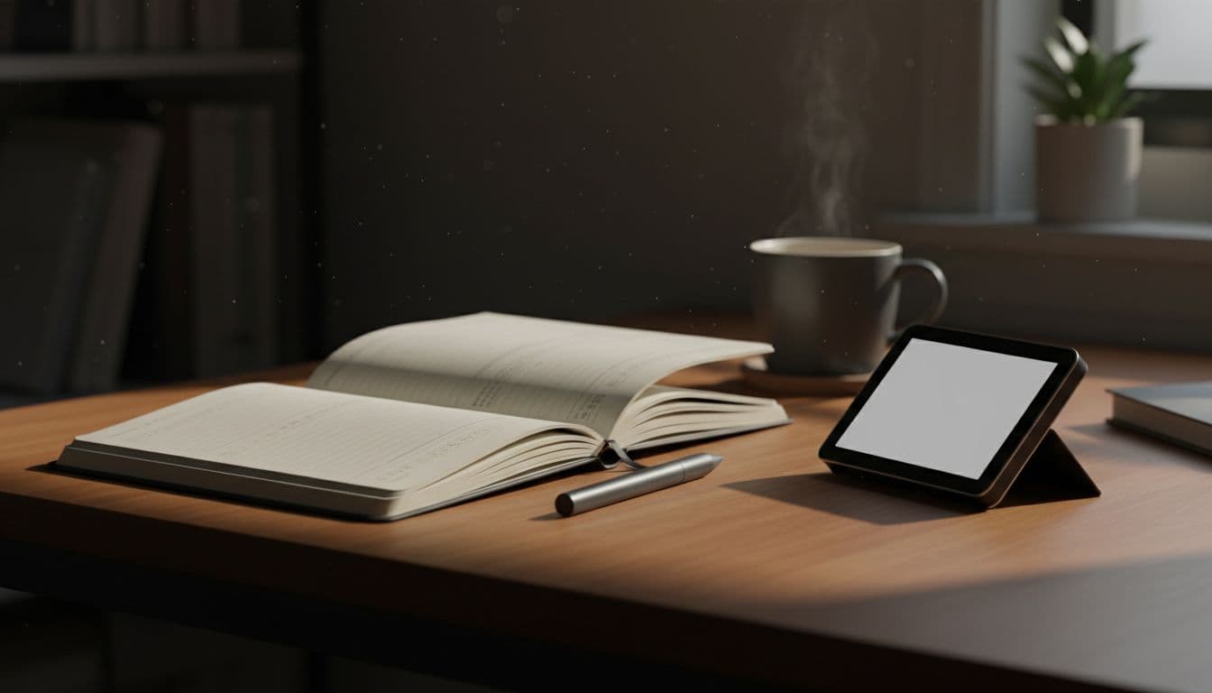 An open reusable smart notebook with erasable pen next to a portable SSD drive showing its LCD screen at an angle, on a wooden desk with a coffee mug in a cinematic home office setup.