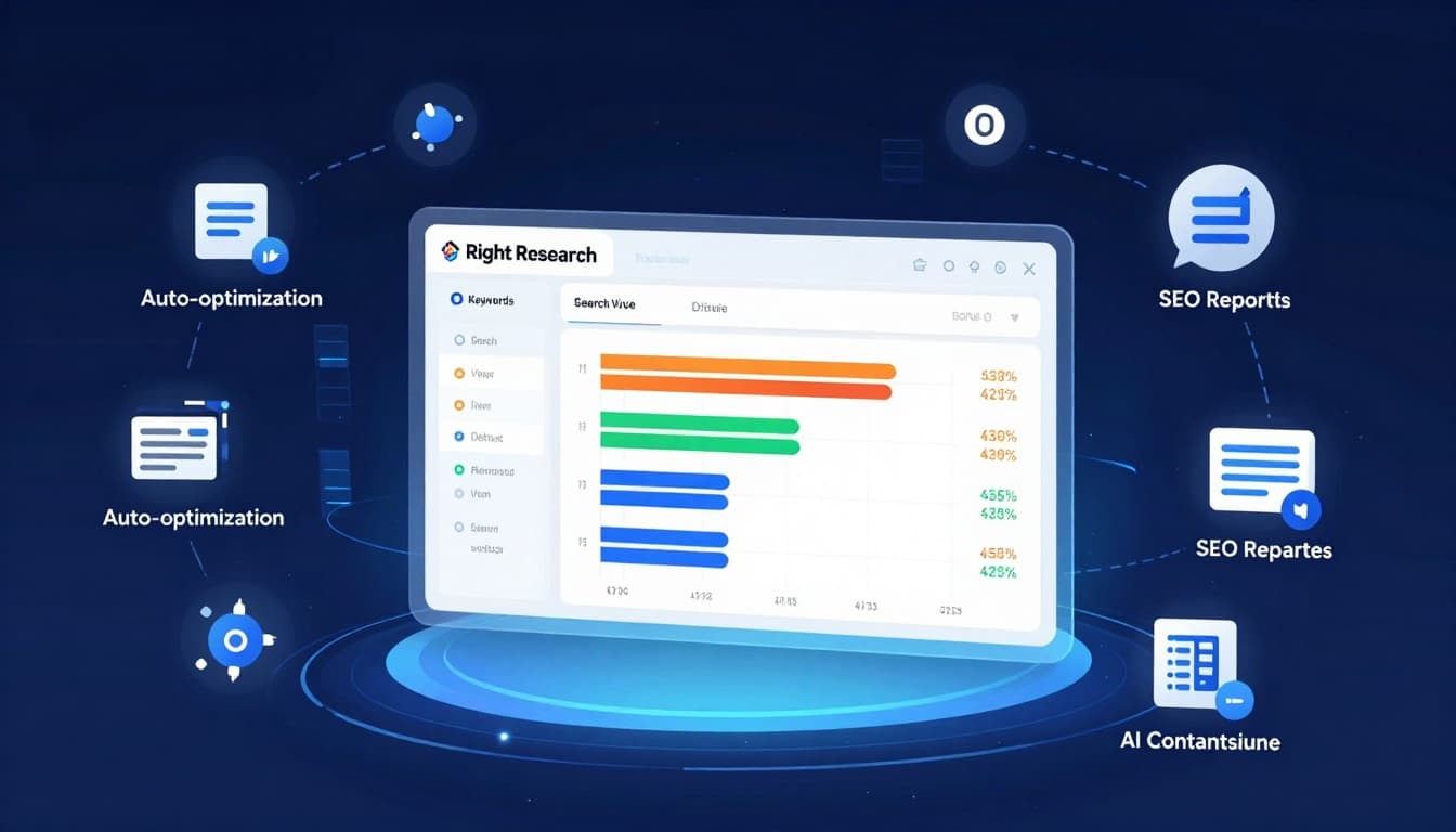 Illustration of key RightBlogger SEO tools in action, featuring a central keyword research dashboard with colorful charts, search volume bars, difficulty scores, and surrounding icons for auto-optimization, SEO reports, and AI content generation in a futuristic tech style.
