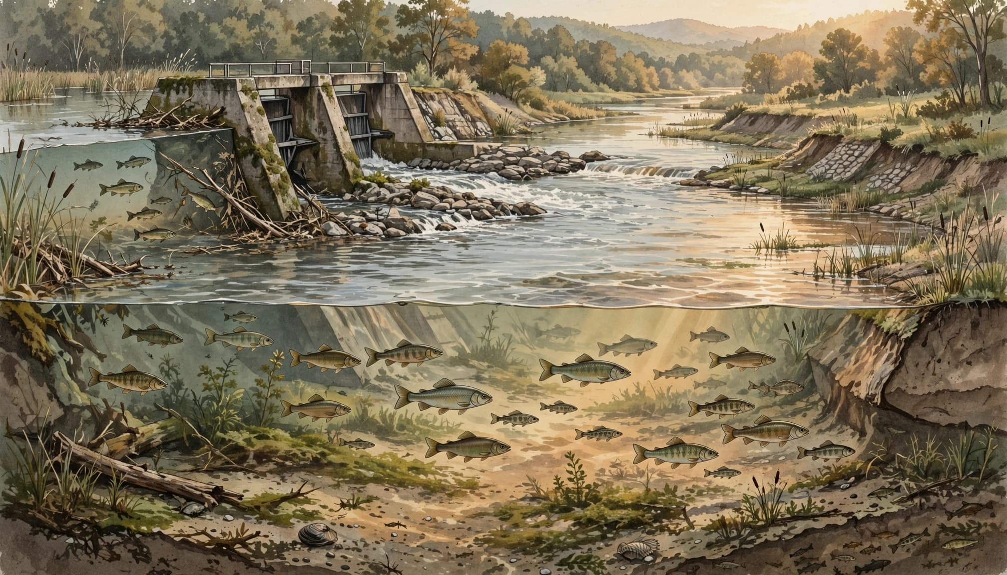 An illustration of a river ecosystem with a dam and fish swimming underwater.