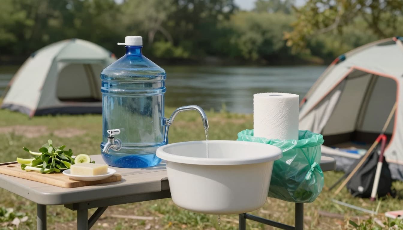 Realistic landscape photo of a practical handwashing station at a fishing camp beside a river, featuring a large water jug with spigot, bar soap, paper towels, trash bag, and runoff basin on a sturdy table, with nearby washed veggies and soft-focused tent and fishing gear in natural midday lighting.