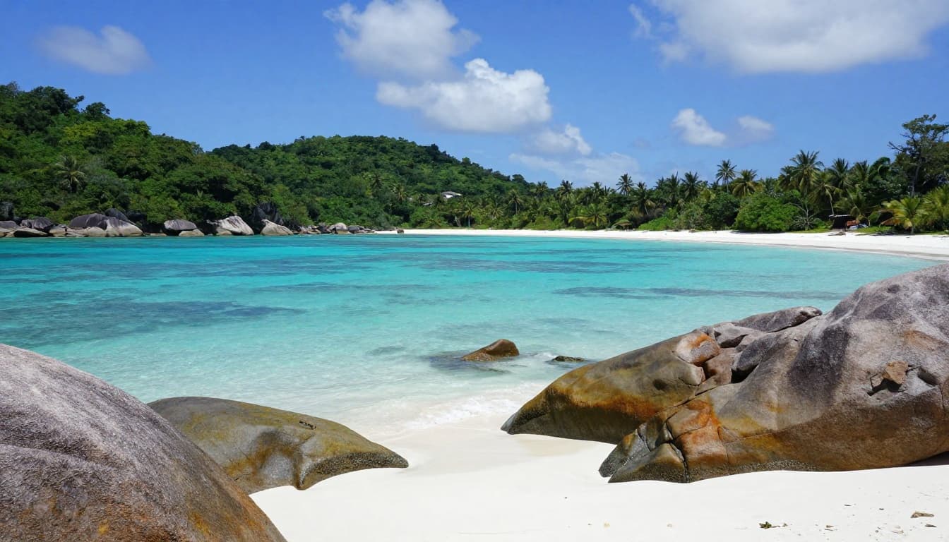 Stunning landscape view of a tropical beach with bright white silica sand, crystal clear turquoise water, lush green hills, dramatic granite boulders, and calm shallow lagoons under a vibrant blue sky.