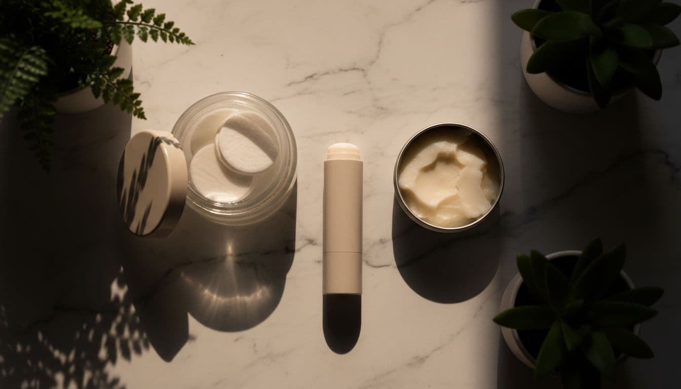 Pore pads in jar, beef tallow in tin, and serum stick arranged on marble bathroom counter with plants; flat lay with cinematic dramatic lighting and subtle highlights.