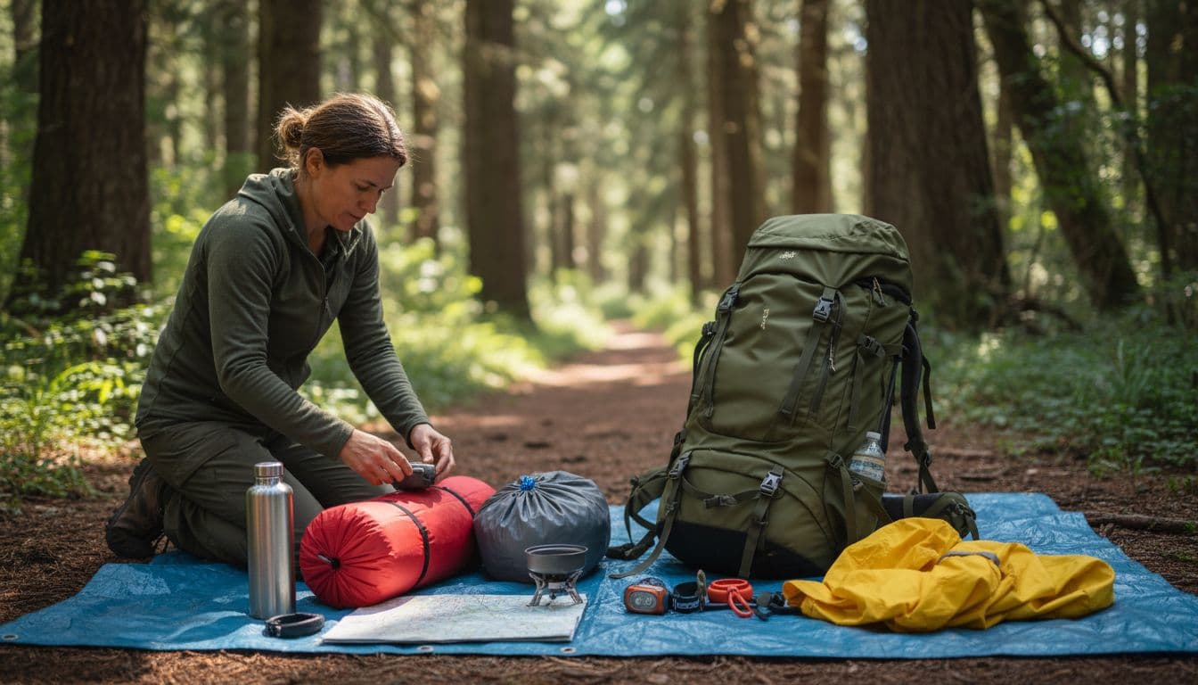 A solo backpacker kneels on the ground in a forested trailhead area, organizing gear like a sleeping bag, tent, water bottle, and rain jacket from an open backpack laid out neatly on a tarp under natural daylight filtering through trees.