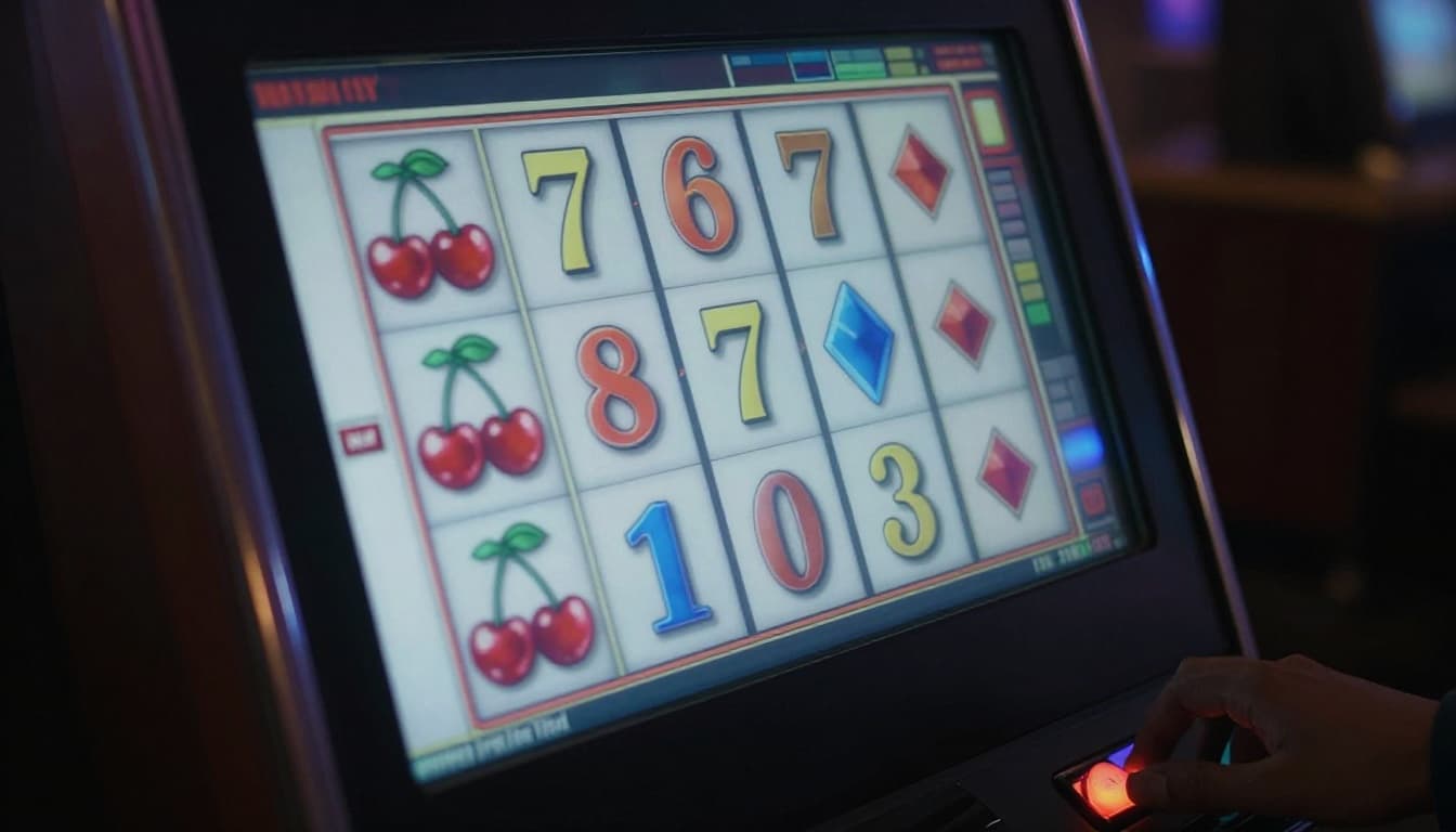 Close-up of a modern video slot machine screen during a spin with blurring reels featuring cherries, sevens, and diamonds. Dimly lit casino background includes wooden cabinet, buttons, and a player's hand hovering near the stop button.