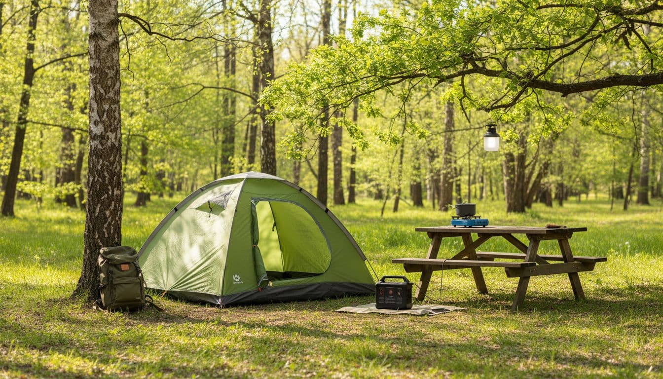 Photorealistic sunny spring forest clearing with beginner camping essentials: easy-pitch dome tent on grass, portable gas stove on picnic table, hanging LED lantern, solar power station charging phone, and backpack against tree. Fresh green tones, natural lighting, no people or extra gear.
