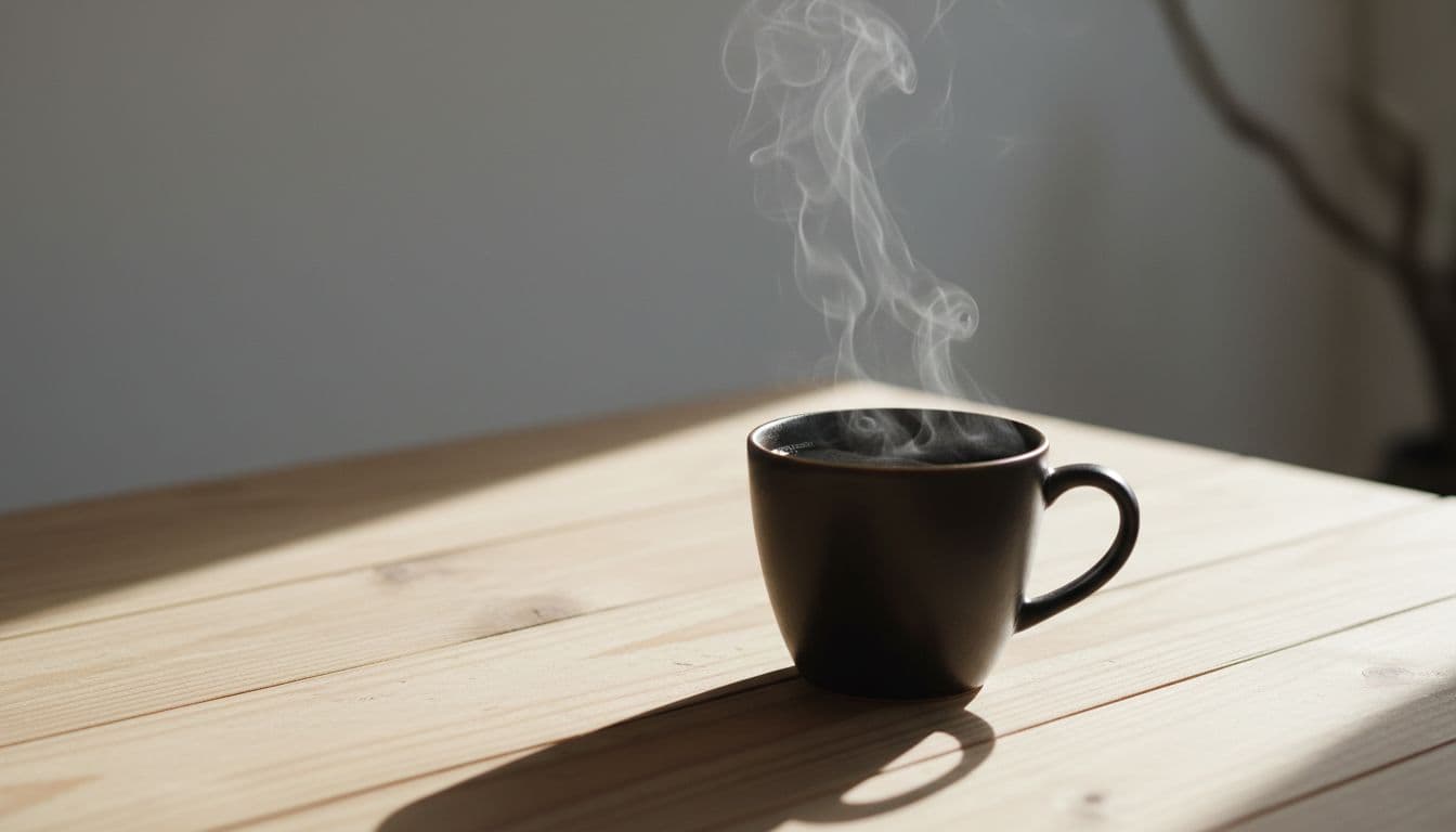 Close-up of steaming black coffee cup on wooden table.