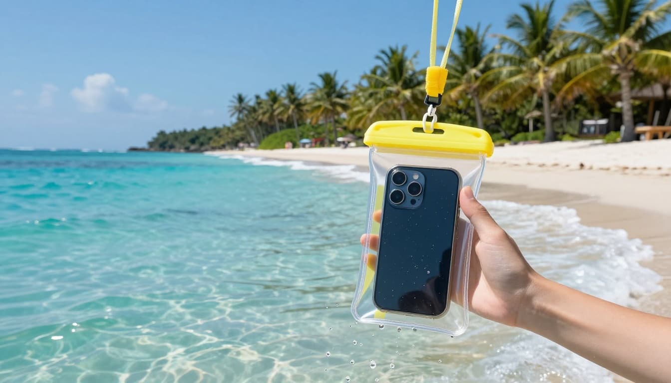 A vibrant beach scene on a sunny day in 2026 features turquoise ocean waves lapping at white sand with swaying palm trees. A hand holds a yellow waterproof phone pouch containing a smartphone, floating in shallow water.