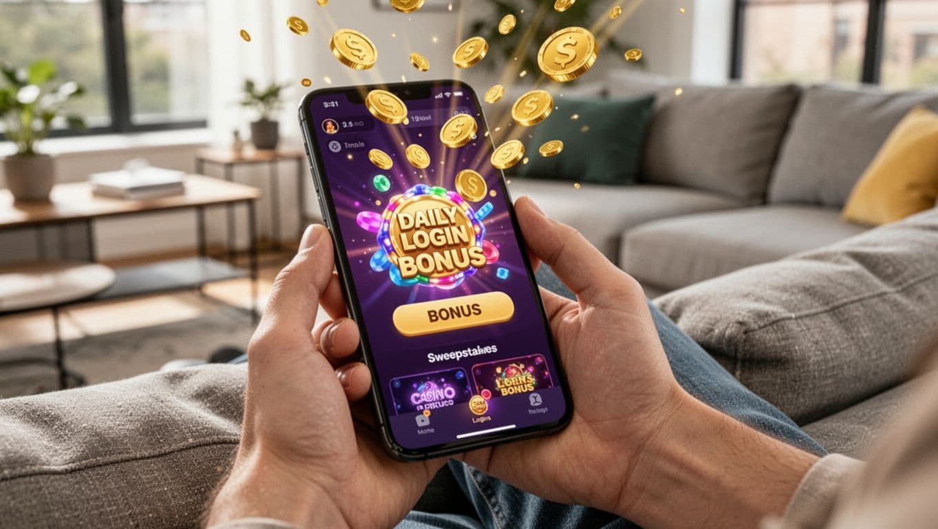 Illustration of a smartphone screen displaying a sweepstakes casino app with a daily login bonus popup and raining coin icons, held by a relaxed hand in a modern living room.